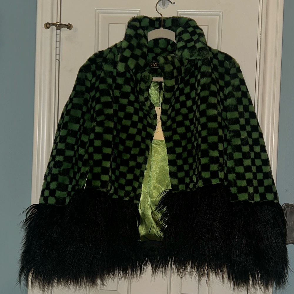 Jayley Green and Black Checkered Faux Fur Coat with Mongolian Cuffs